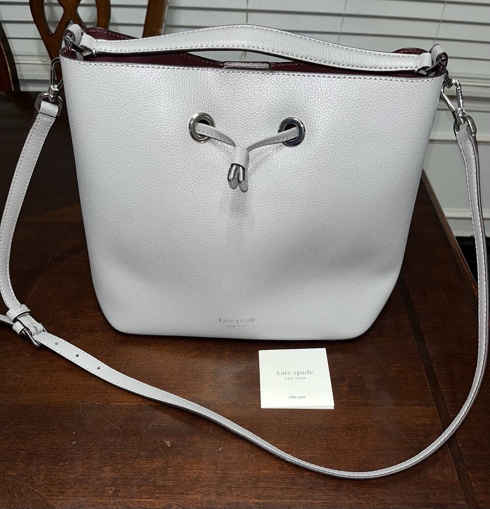 Kate Spade Eva Large Bucket Bag Light Gray Leather Shoulder Crossbody Bag